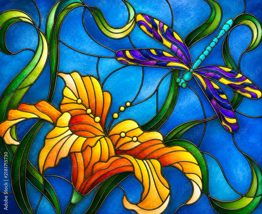 Stained Glass Lily and Dragonfly