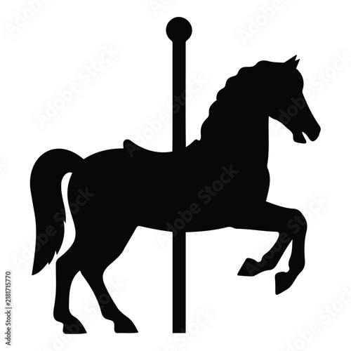 Silhouette of carousel horse with pole for amusement park ride and fairground entertainment.