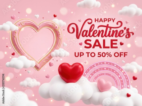 Happy valentines day sale banner with a decorative heart frame, red hearts, and clouds on a soft pink background with bokeh lights