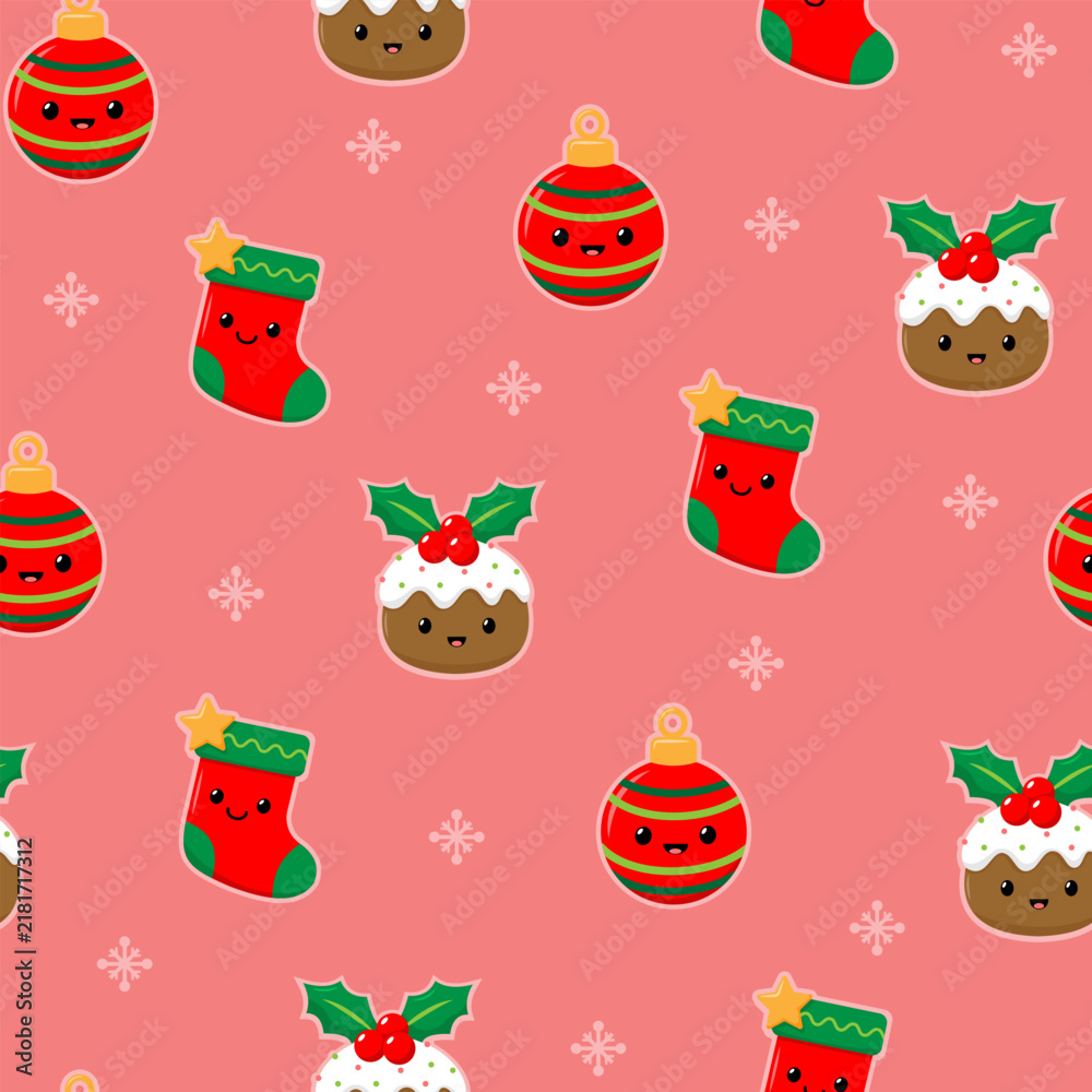 Naklejka premium Christmas seamless pattern featuring stockings, Christmas pudding, holly leaves, berries, and snowflakes. Perfect festive background for holiday, winter, wallpaper, wrapping paper, and stationery.