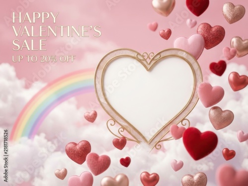 Valentines day sale promotional banner featuring a golden heartshaped frame, floating hearts, and a rainbow against a soft pink cloudy background