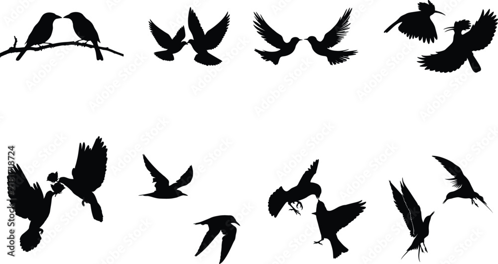 Fototapeta premium Romantic Couple Bird Silhouettes Set. Lovers on Branch, Flying Pigeons and Swallows in Flight. Simple Vector Symbols for Wedding, Love Cards, Invitations and Design
