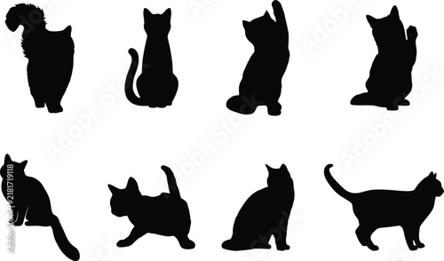 Cat Silhouette Vector Set, 11 Black Feline Outlines in Various Poses, Isolated on White Background, Simple Pet Icons, Graphic Design Elements