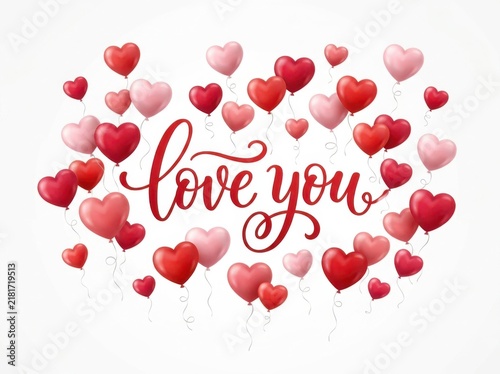 Love you lettering with red and pink heartshaped balloons isolated on white background, romantic greeting card design