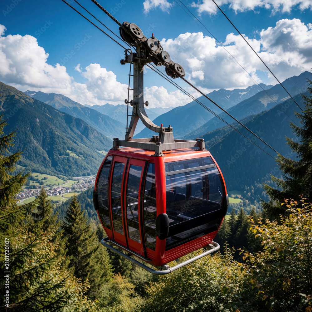 Fototapeta premium Red gondola cabin ascends over green mountain valley. Scenic cable car ride offers expansive views. Transport travels high above forest peaks under blue sky.