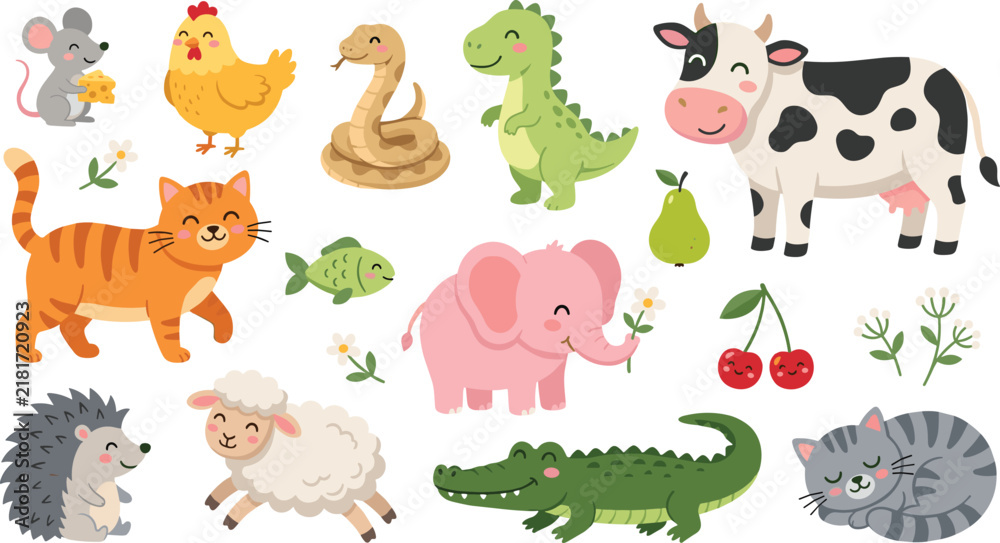 Fototapeta premium Cute Cartoon Animal Character Vector Set Featuring Cow Elephant Cat Crocodile Snake Dinosaur Mouse Hen and Sheep for Kids Nursery Decor and Sticker Designs