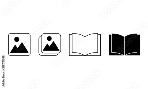 Photo gallery image picture and open book icon set in line art and solid style vector.