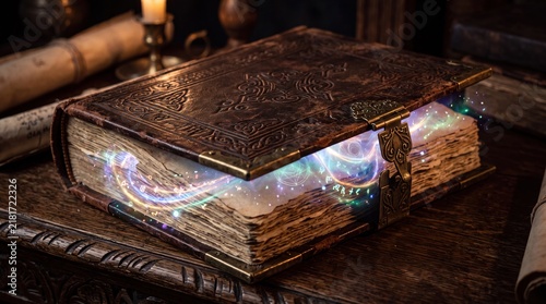 Ancient glowing tome with intricate carvings on dark wooden surface
