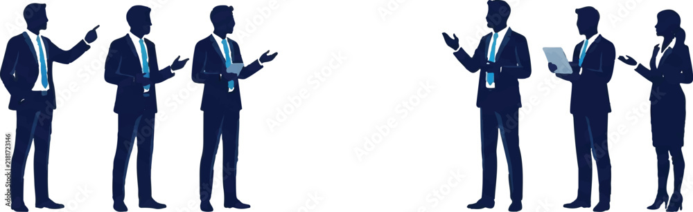 Fototapeta premium Professional business silhouettes presenting strategy and planning icons set isolated style.