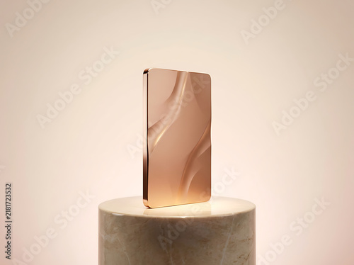 Modern sleek smartphone displayed on cylindrical marble stand with gradient finish transparent background