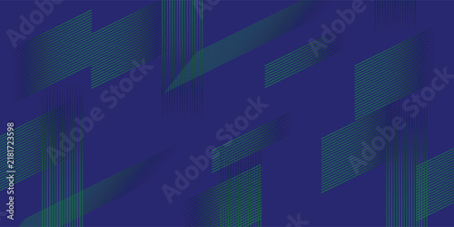 Abstract geometric, blue, green, lines, pattern featuring layered diagonal and vertical stripes forming fragmented modern shapes on a deep blue background.