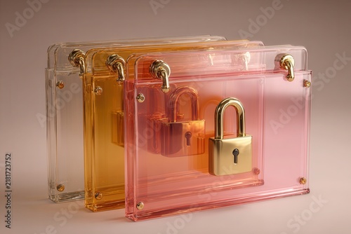 Golden padlocks secured in transparent colored boxes soft light