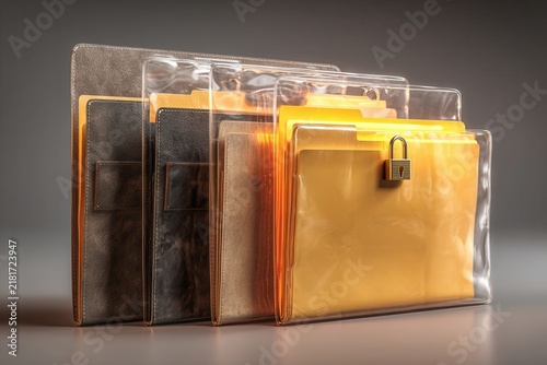 Locked document folders in clear plastic protection with warm light
