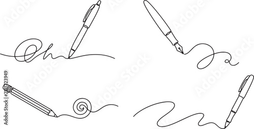 Set of continuous line drawings of pens and pencils writing