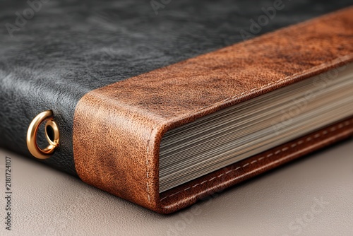 Luxury leather bound book with gold ring detail