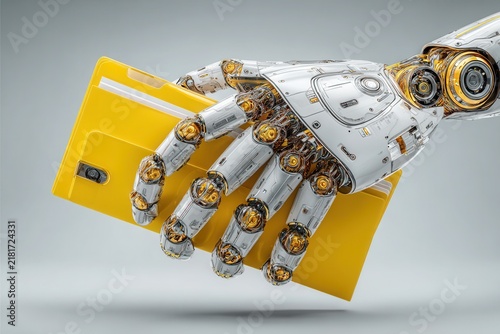 Robotic hand holding yellow folder in studio lighting