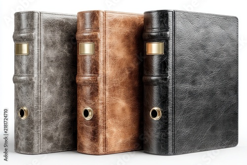 Three leather binders on white background studio lighting