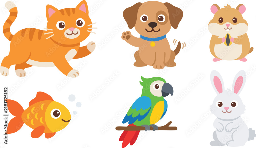 Naklejka premium Cute Cartoon Pets Collection with Cat Dog Hamster Fish Parrot Rabbit