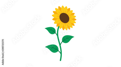 Vibrant yellow sunflower illustration featuring green leaves and a brown center on a clean white background