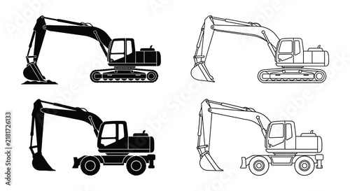 Canvas Print Excavator silhouettes depict construction machinery in a linear style