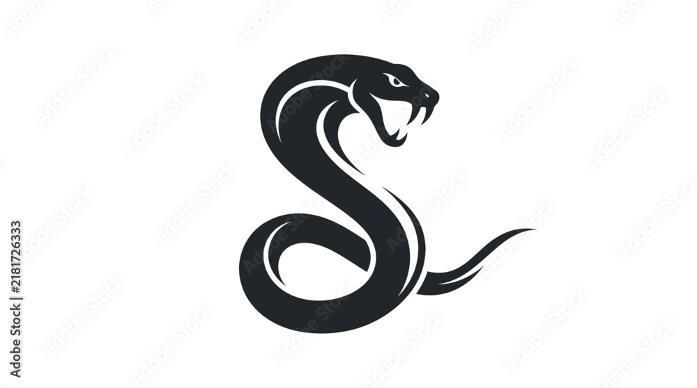 Fototapeta premium Aggressive cobra snake mascot logo design featuring sharp fangs and sleek black curves for branding