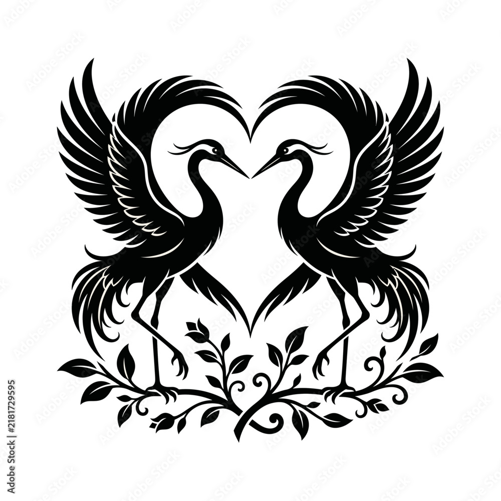 Fototapeta premium Elegant black and white illustration of two cranes forming a heart shape with floral decorative elements
