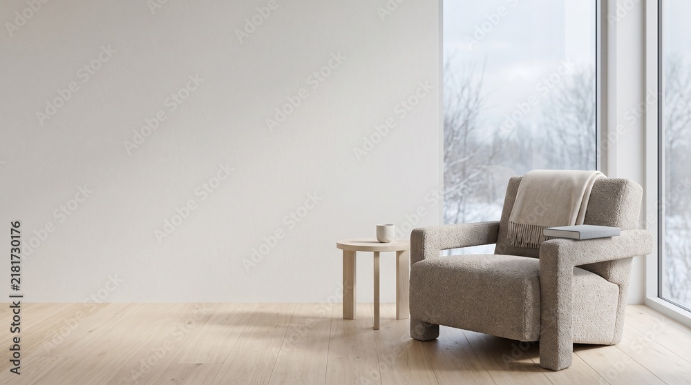 Fototapeta premium Minimalist reading corner with taupe lounge chair, linen-bound book and cashmere throw beside a winter window, serene contemporary interior with soft daylight and copy space