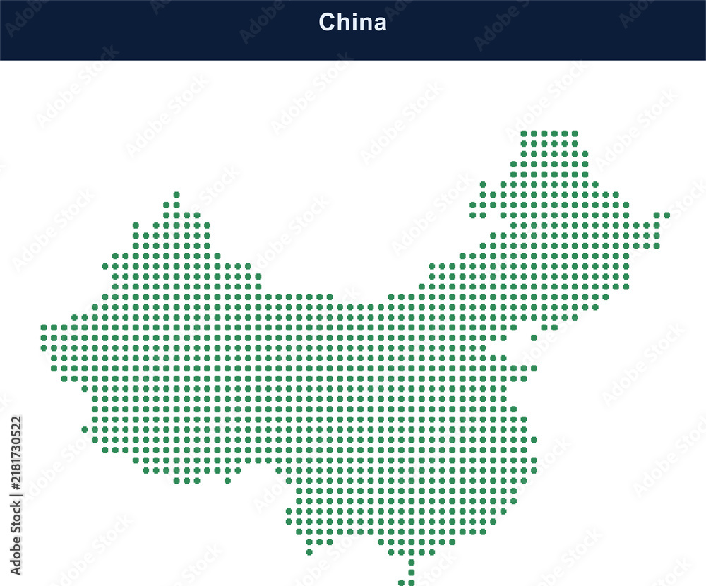 Obraz premium Green dotted map of china made of small squares on a dark blue header background