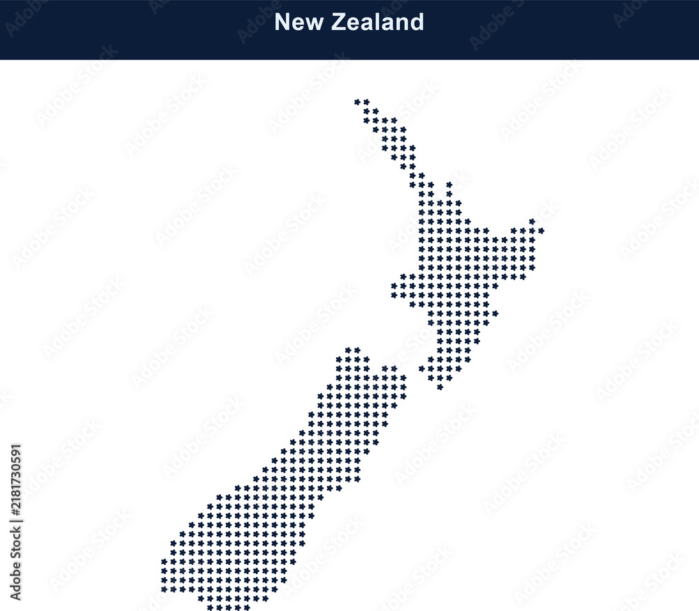Obraz premium New zealand map made of small blue square dots on a dark blue header background