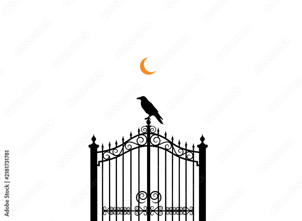Obraz premium Cemetery Gate Silhouette with One Raven and Crescent Moon