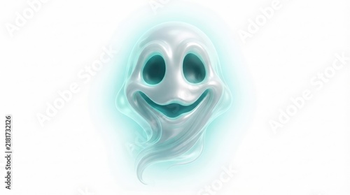 Friendly ethereal spirit character with glowing neon blue aura floating on white background for creative digital projects and festive designs