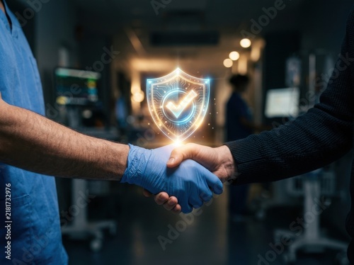 A doctor in blue scrubs shaking hands with a patient, with a glowing digital shield icon representing health security and protection