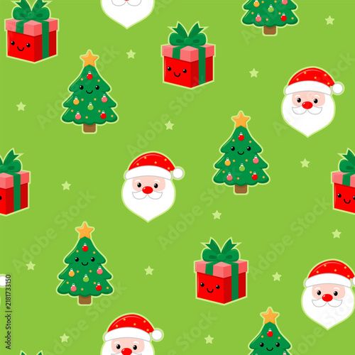 Christmas seamless pattern featuring Santa Claus, decorated Christmas trees, colorful gift boxes and stars on a green background, festive holiday wallpaper for wrapping paper and textile design.