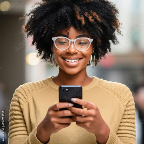Smiling woman with glasses holding and texting on her smartphone outdoors
