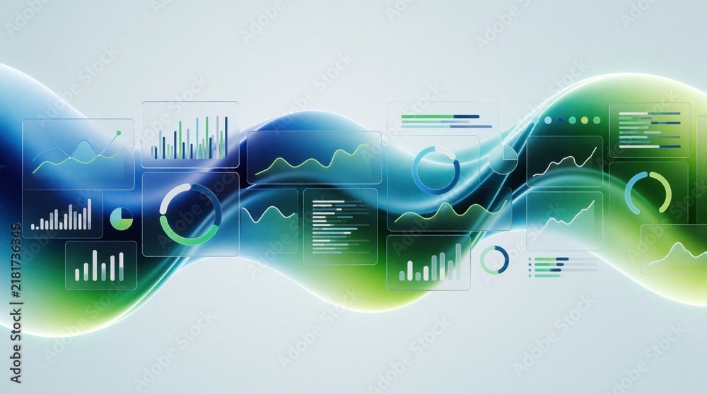 Obraz premium Abstract data charts and graphs displayed on digital screens flow over a colorful gradient wave. Modern digital analytics for business growth and financial planning.