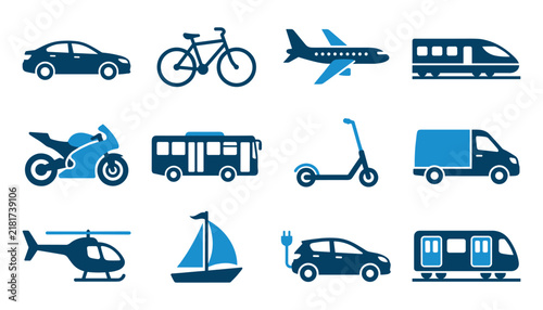 A collection of blue icons representing various modes of transportation and vehicles on a white background
