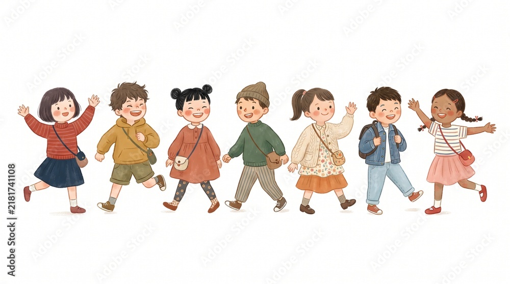 Obraz premium Happy Group of Diverse Young People Holding Hands, Smiling and Jumping Together, Cartoon Vector Illustration of Friends, Family, Teamwork, Friendship, Fun and Joy