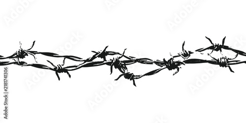 Hand drawn high contrast black single barbed wire strand vector illustration isolated for security barrier concepts.