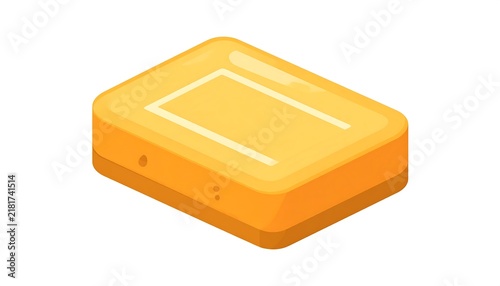Golden cardboard gift box with ribbons on white background.