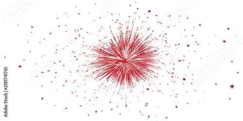 Abstract red starburst explosion with scattered particles and flying debris vector illustration graphic design background.