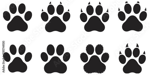 Canvas Print Animal paw print silhouette vector set featuring dog, cat, bear and wolf tracks with claws for pet care, wildlife and graphic design