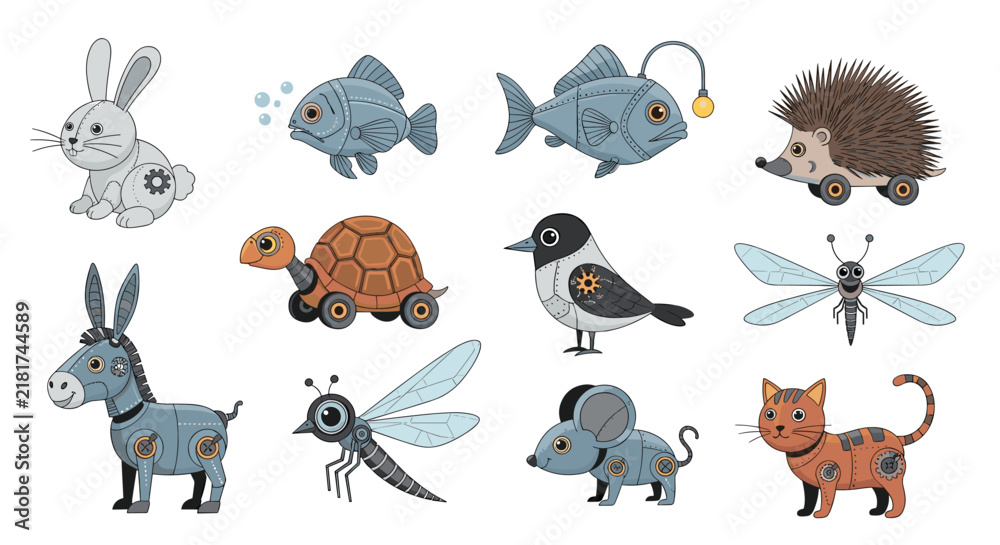 Obraz premium Collection of creative steampunk mechanical animals including a rabbit fish turtle bird dragonfly and cat with gears.