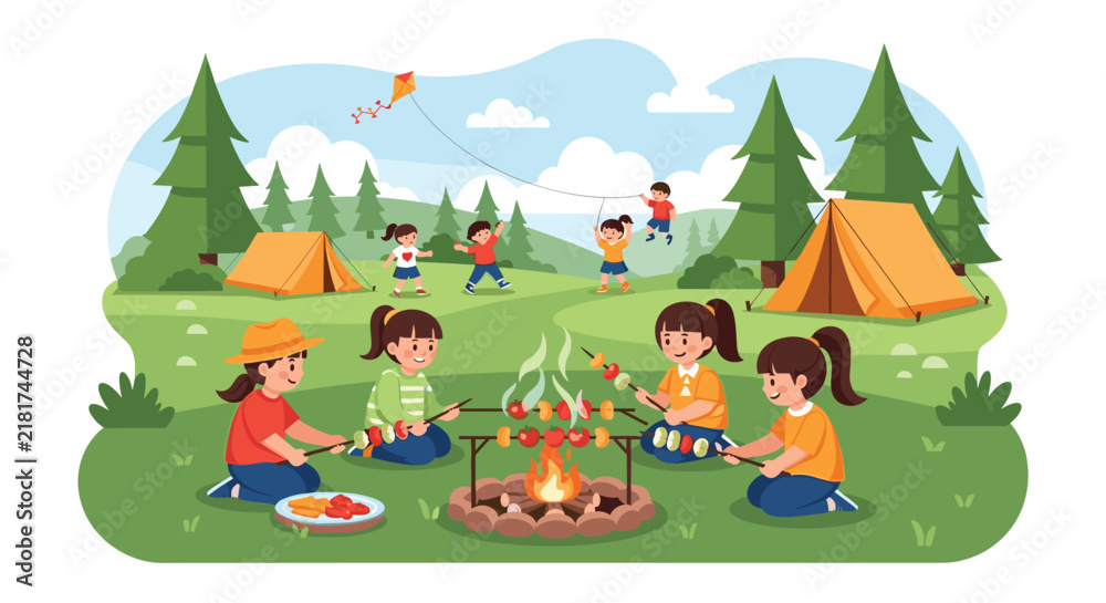 Fototapeta premium Group of happy children enjoying a camping trip in the forest by roasting food over a campfire near tents and pine trees at daytime.