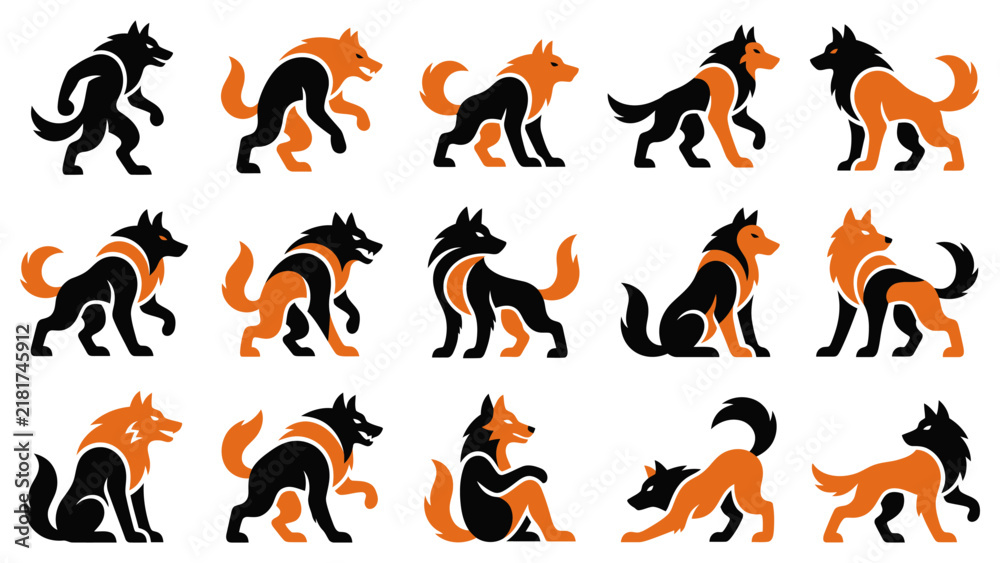 Obraz premium A collection of creative werewolf vector art featuring various stylized wolf creatures in different dynamic poses and positions