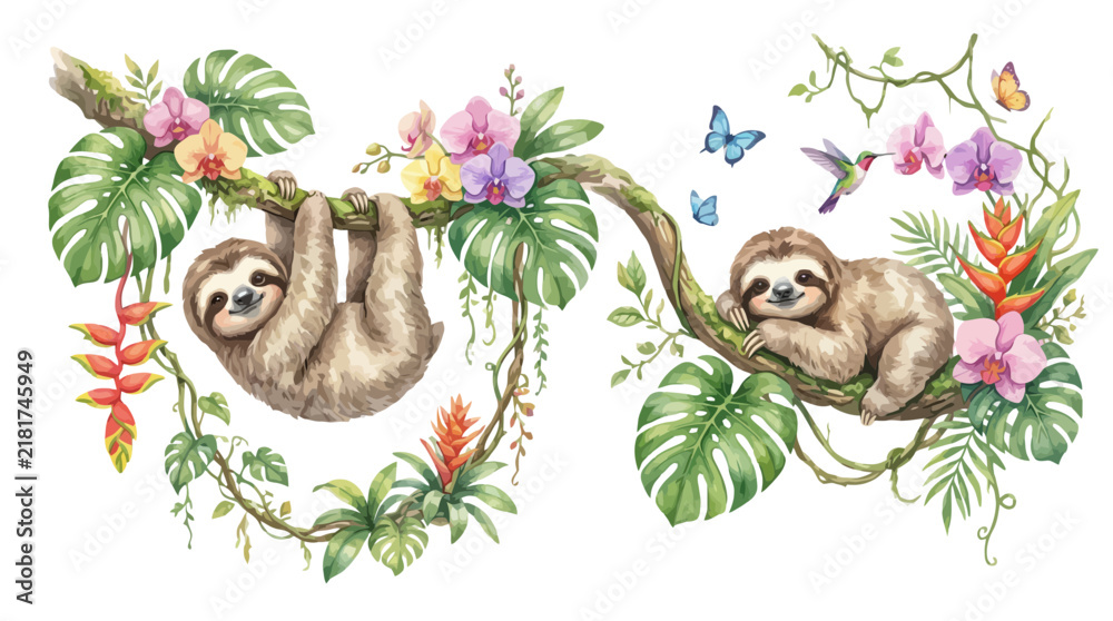 Obraz premium Cute sloths hanging on tropical tree branches with exotic flowers