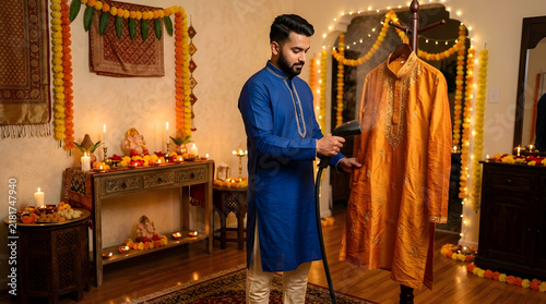 Man steaming a kurta before a Diwali gathering