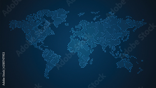 A world map in the form of an electronic circuit, reflecting the concept of future technological innovation.