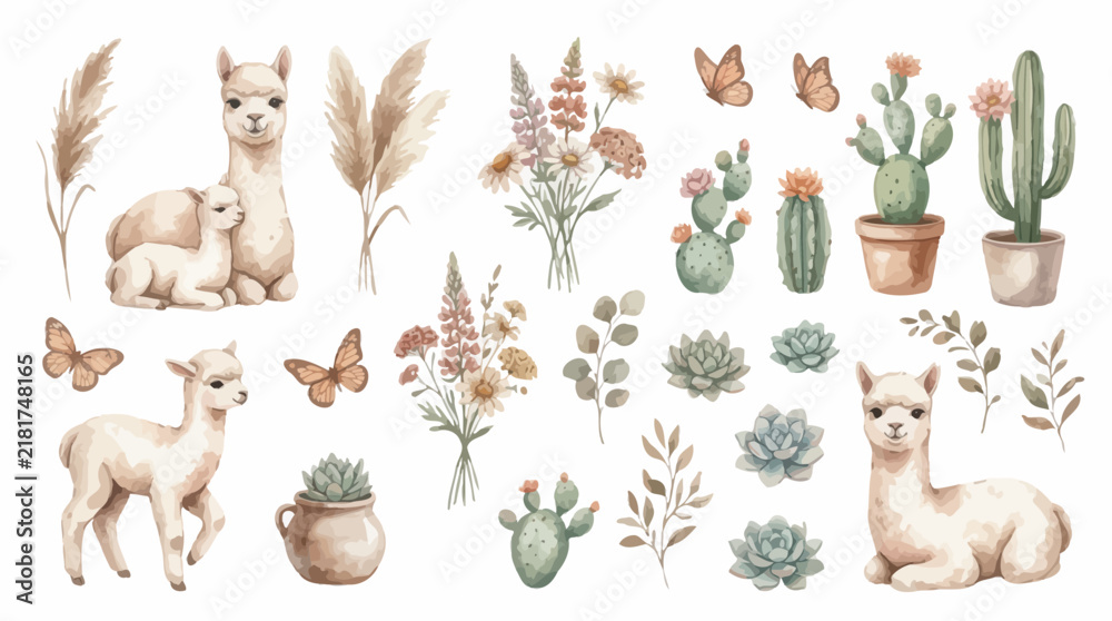 Fototapeta premium Watercolor alpaca and bohemian desert plant collection