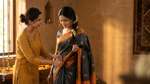 Friends exchanging compliments while preparing traditional outfits