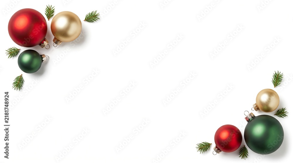 Naklejka premium Festive christmas border with red gold and green ornaments on white background